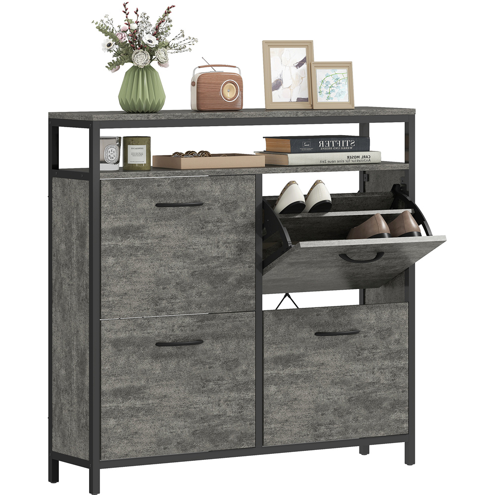 HOMCOM 4 Flip Down Drawer Single Shelf Cement Grey Shoe Cabinet Image 2