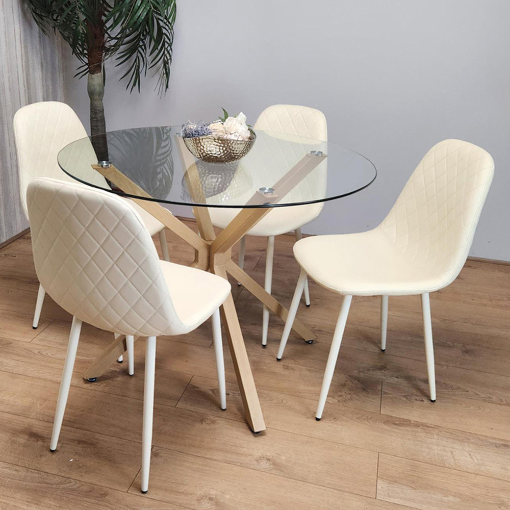 Kosy Koala 4 Seater Glass and Faux Leather Gem Pattern Round Dining Set Cream Image 1