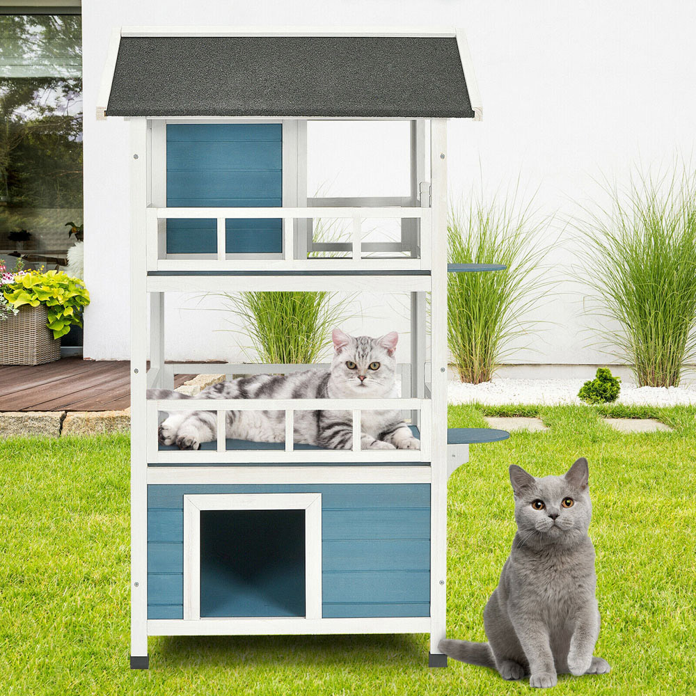 Costway 3 Storey Wooden Cat House with Enclosure Image 5