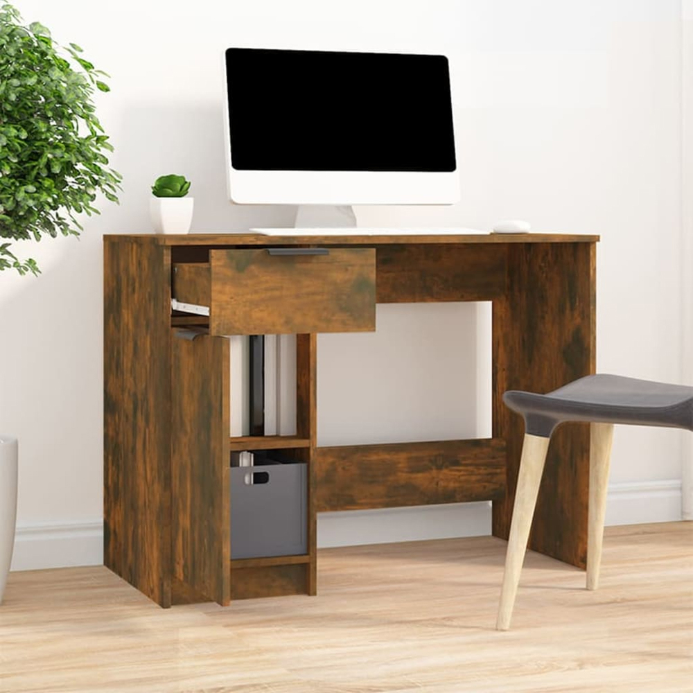 vidaXL Single Door Single Drawer Computer Desk Smoked Oak Image 7