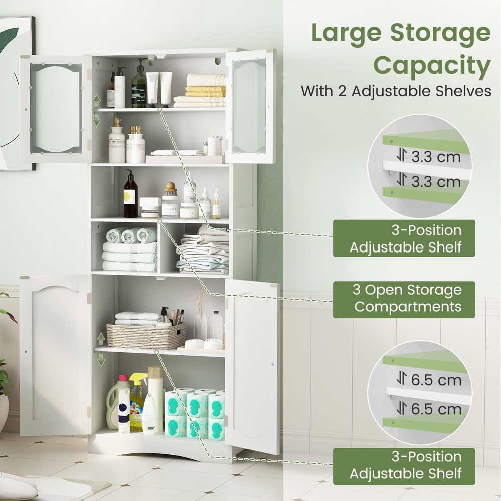 Costway 4 Glass Door 3 Shelf White Tall Bathroom Cabinet 148cm Image 7