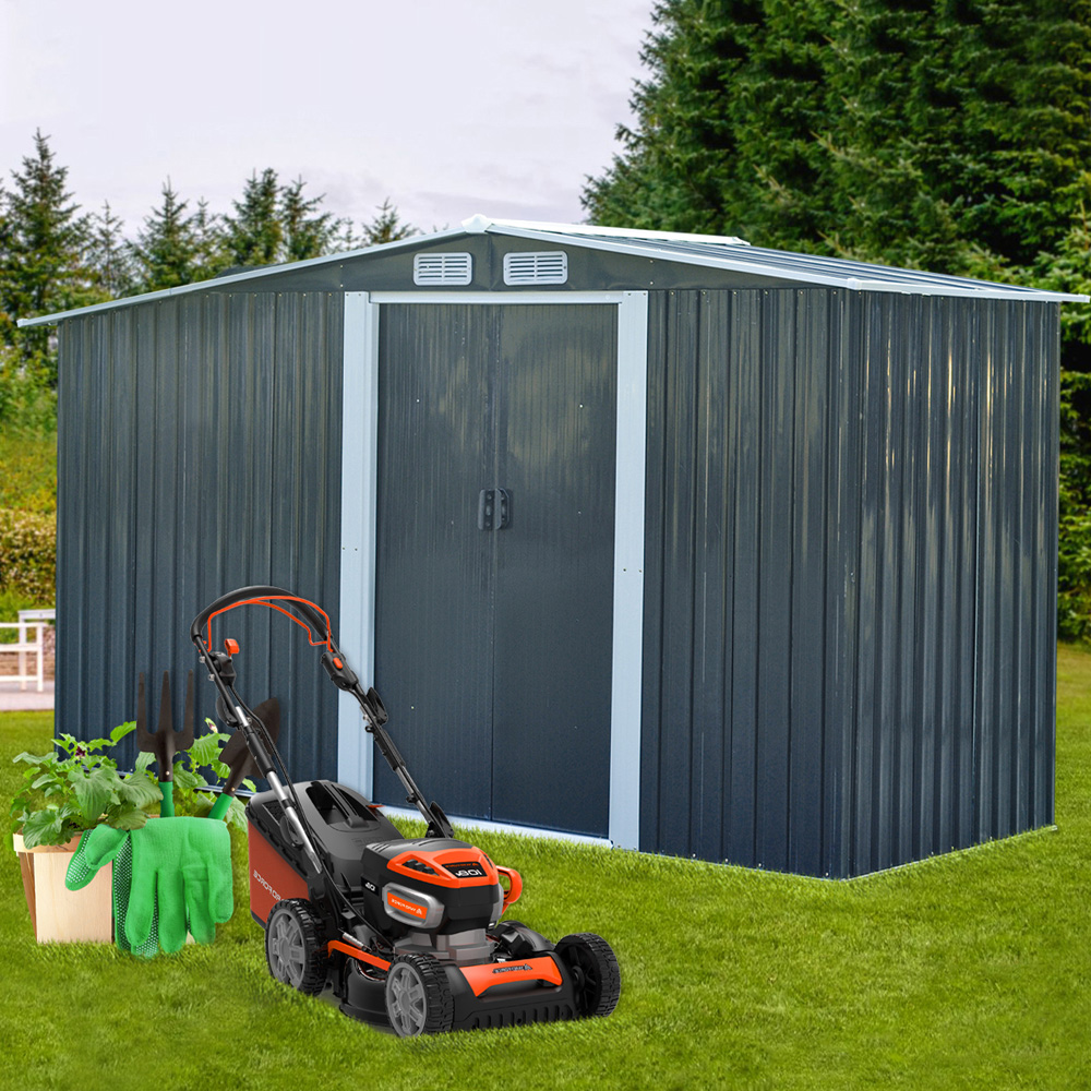 Living and Home 4 x 8ft Anthracite Metal Apex Garden Storage Shed with Log Storage Image 2