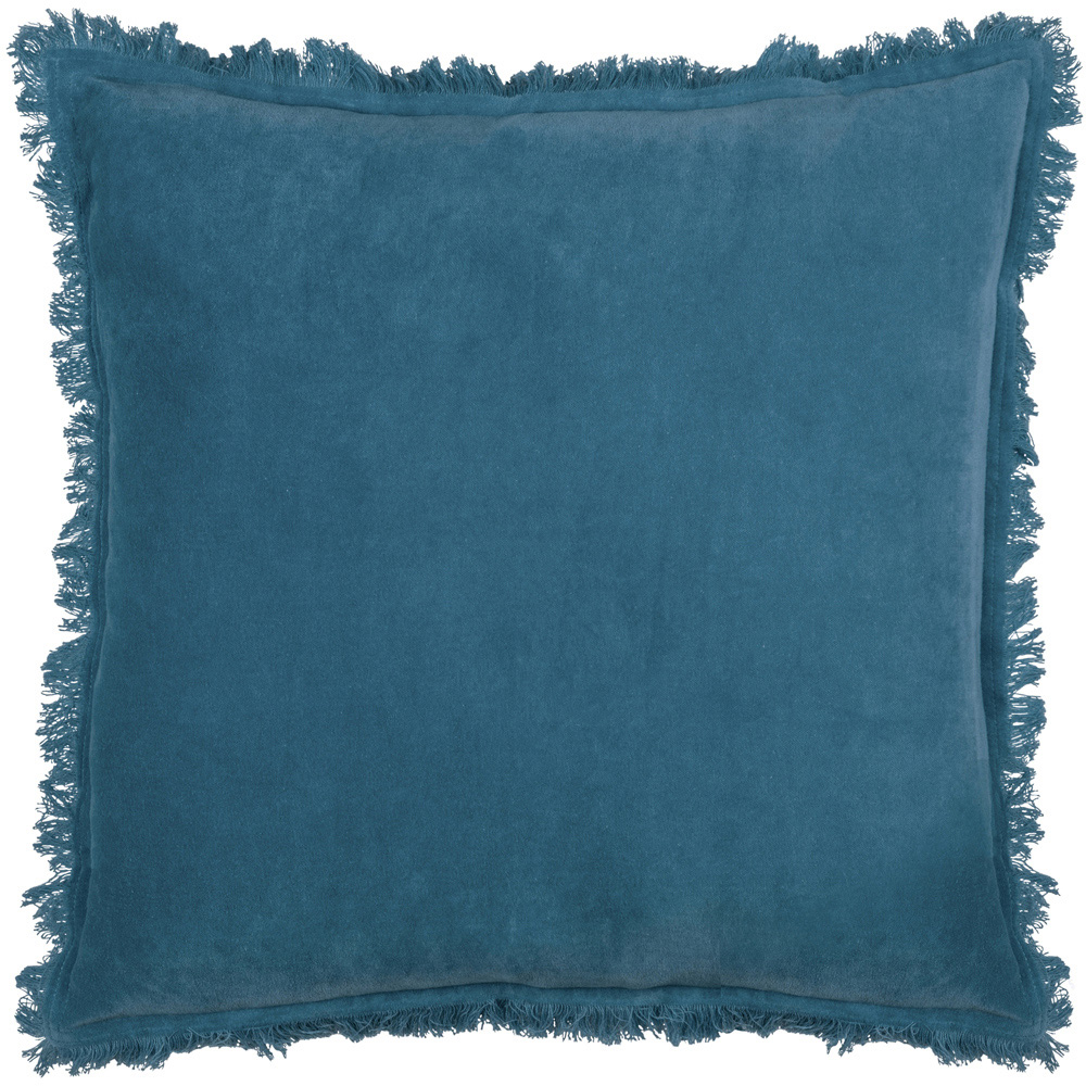 furn. Gracie Ink Blue Velvet Fringed Cushion Image 1