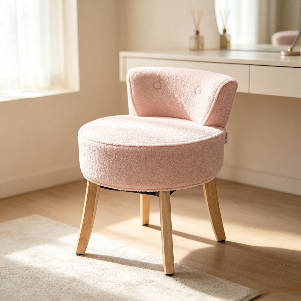 Living and Home Pink Teddy Fleece Button Tufted Vanity Stool Image 8