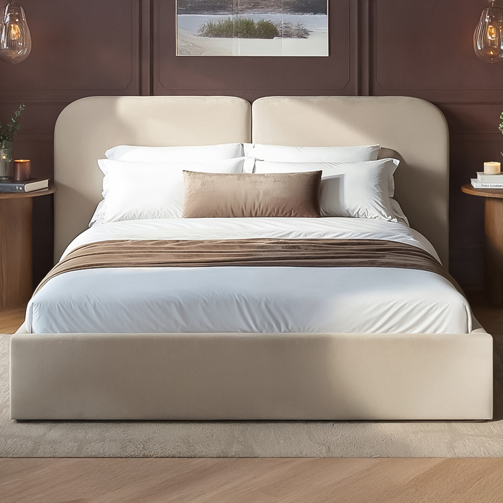 Solace+Co Lena Double Beige Velvet Ottoman Bed Image 1