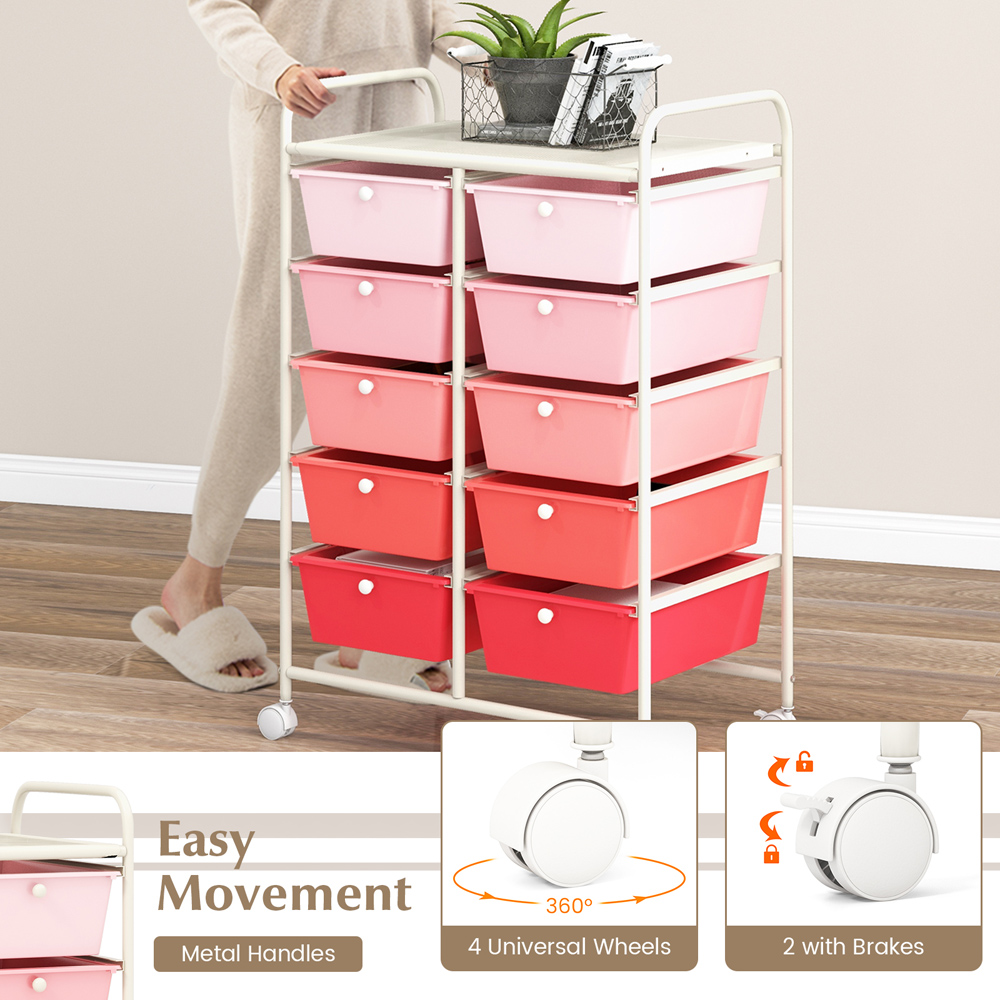 Costway 10 Drawer Pink Storage Rolling Cart Image 7