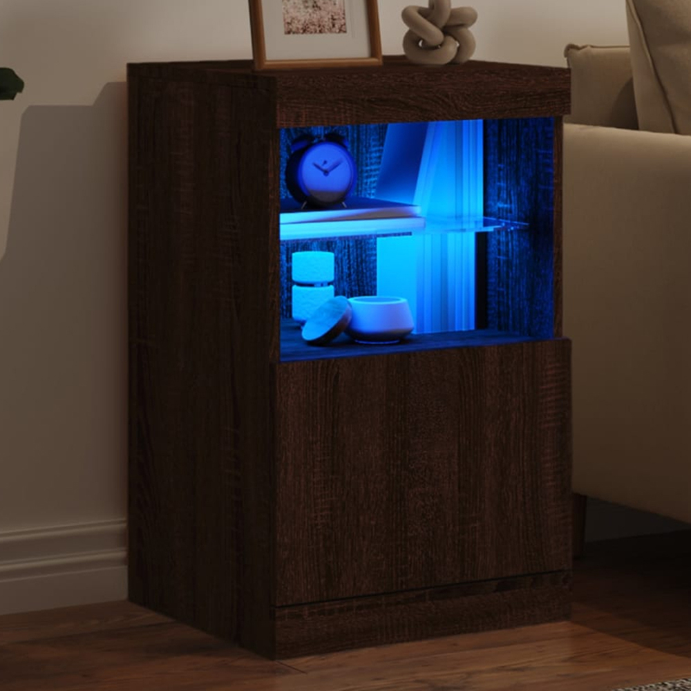 vidaXL Single Door 2 Shelf Brown Oak LED Sideboard Image 1