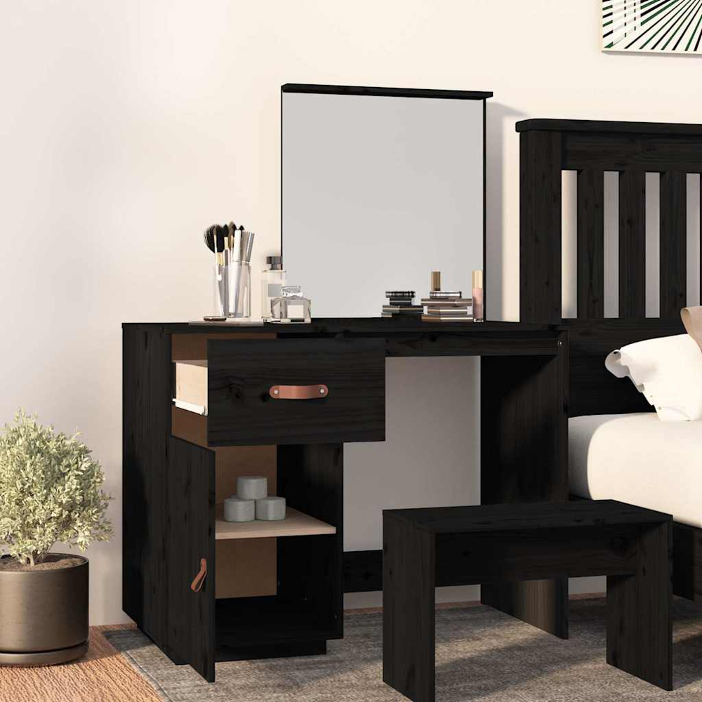vidaXL Single Door Single Drawer Black Solid Wood Pine Dressing Table with Mirror Image 8