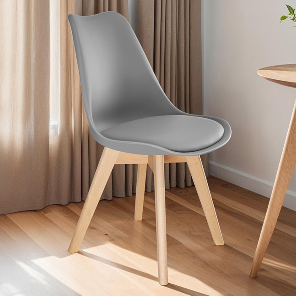tectake Frederikke Set of 4 Grey Padded Dining Chair with Wooden Legs Image 1