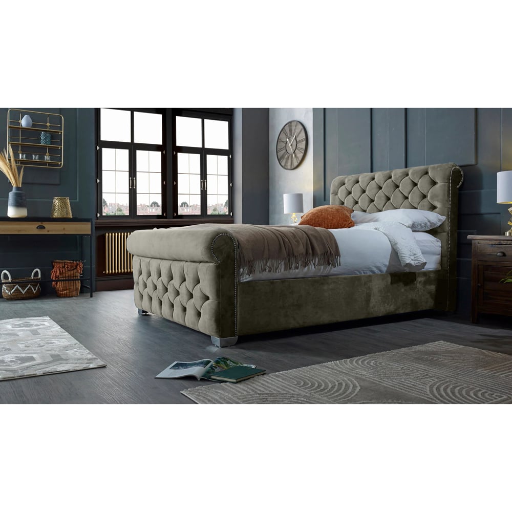 Eleganza Home Veneta King Size Grey Plush Velvet Bed Frame with Chesterfield Headboard Image 5