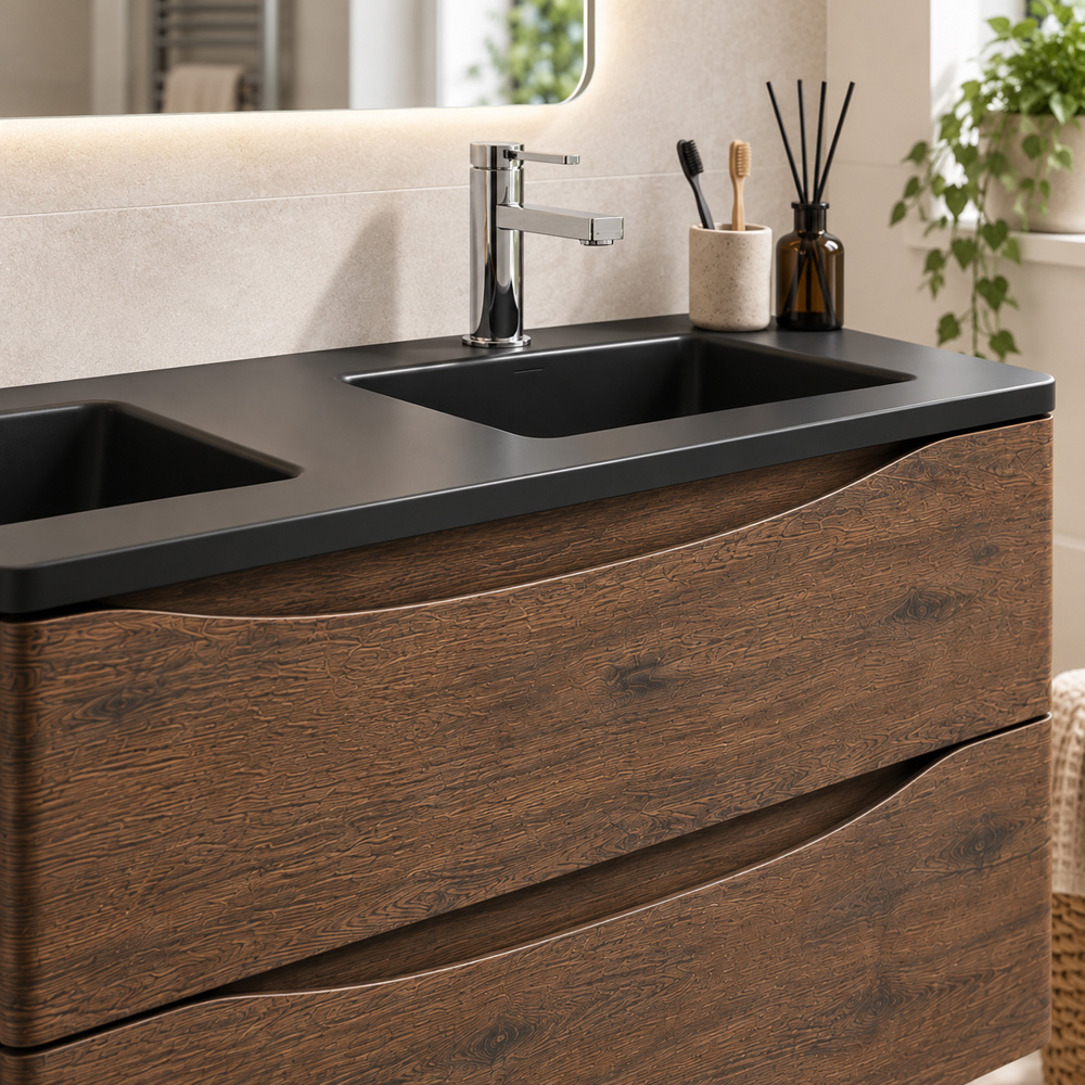 Go Bathrooms Erin 2 Drawer Rosewood and Grey Wall Hung Vanity Unit with Glass Basin 1200mm Image 5