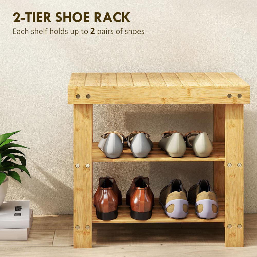 Portland 2 Shelf Wood Finish Bamboo Entryway Shoe Bench Image 7