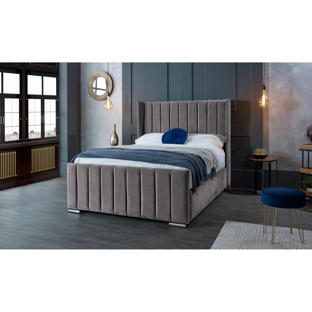 Eleganza Home Meriso King Size Silver Plush Velvet Bed Frame with Winged Headboard Image 2