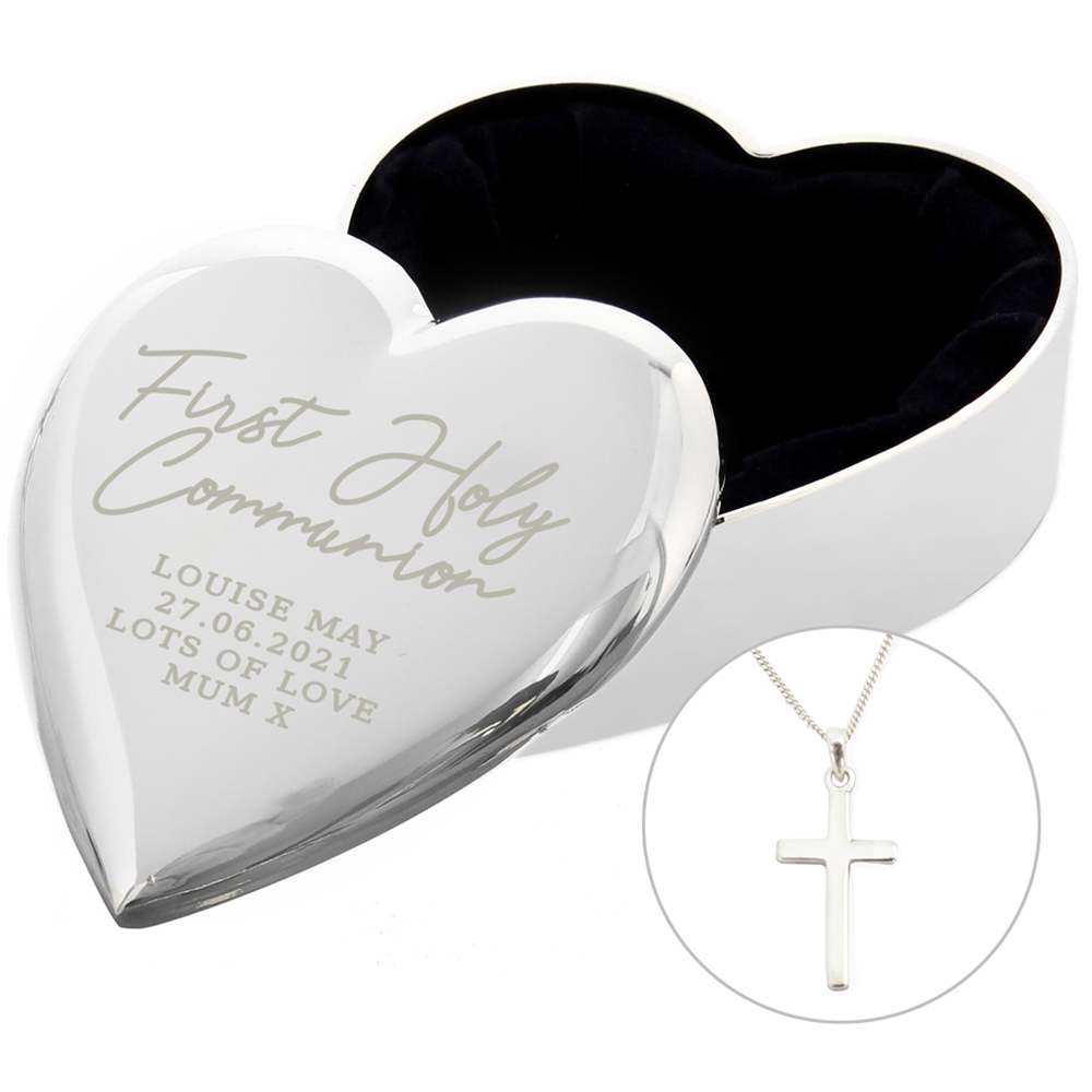 Personalised Memento Personalised First Holy Communion Heart Trinket Box and Cross Necklace Set Image 1