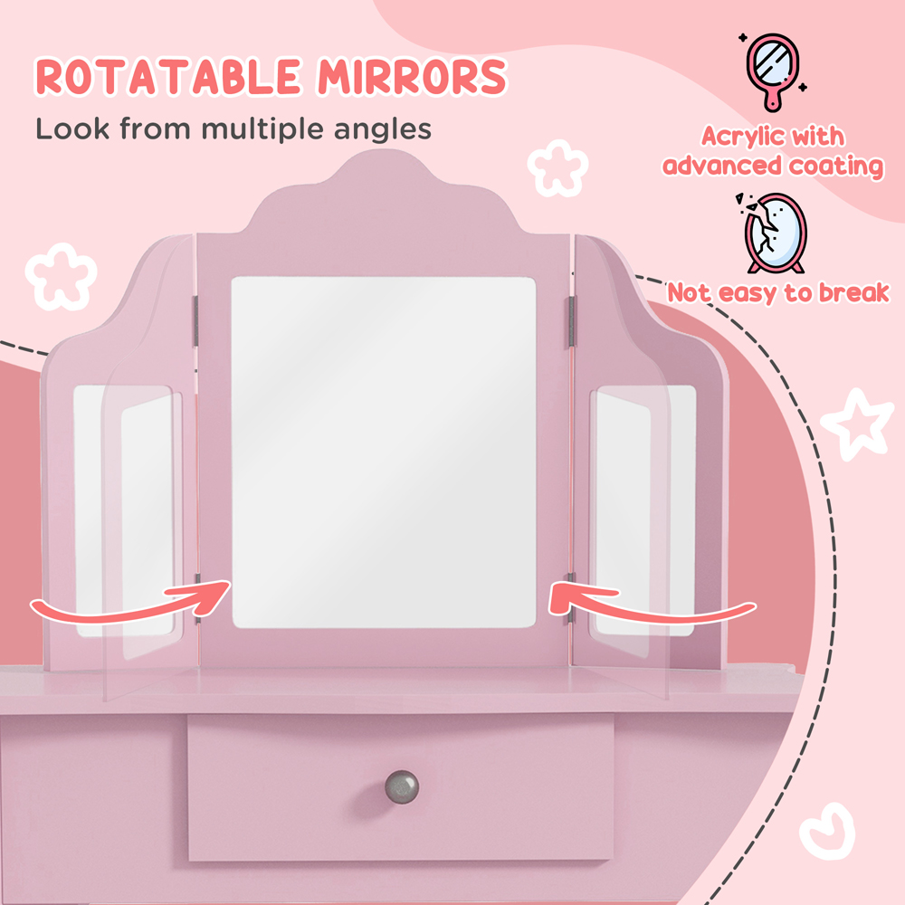 HOMCOM Single Drawer Pink Tri-Folding Mirror Makeup Dressing and Table Set Image 7