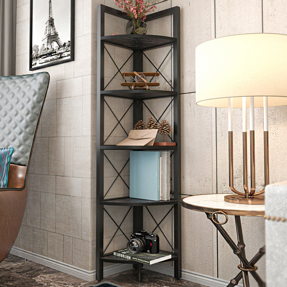 Decorotika Remo 5 Shelf Black Marble Effect Metal Frame Corner Storage Rack Image 1