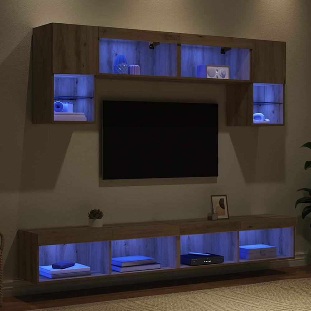 vidaXL 2 Door 10 Shelf Artisan Oak Wall Mounted TV Unit with LED Lights Image 1