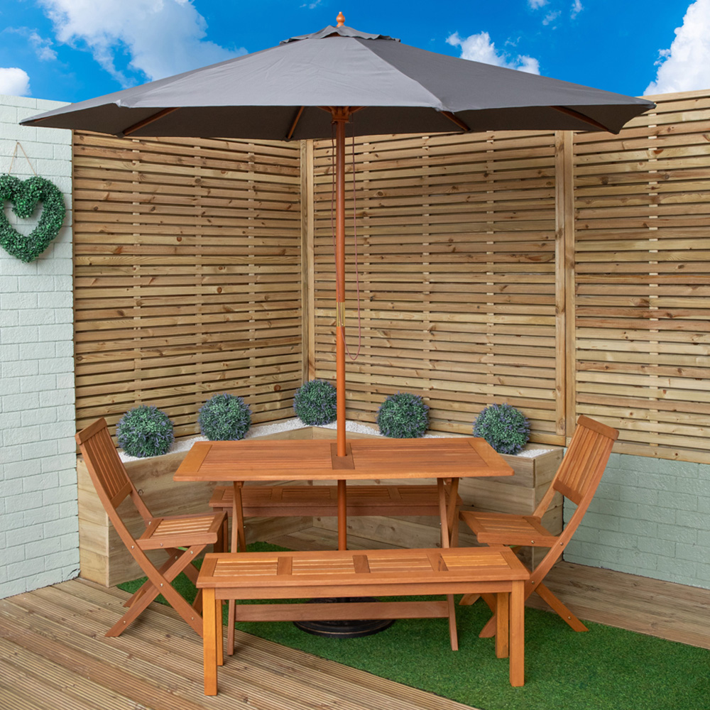 Samuel Alexander 6 Seater Wooden Rectangular Dining Bench Set with Grey Parasol and Base Image 1