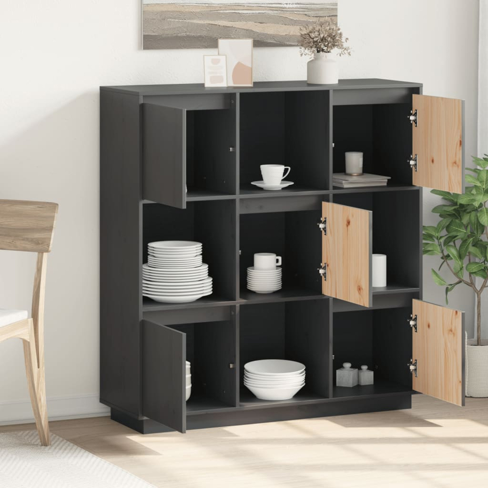 vidaXL 5 Door 4 Open Shelf Grey Solid Wood Pine Highboard Image 3