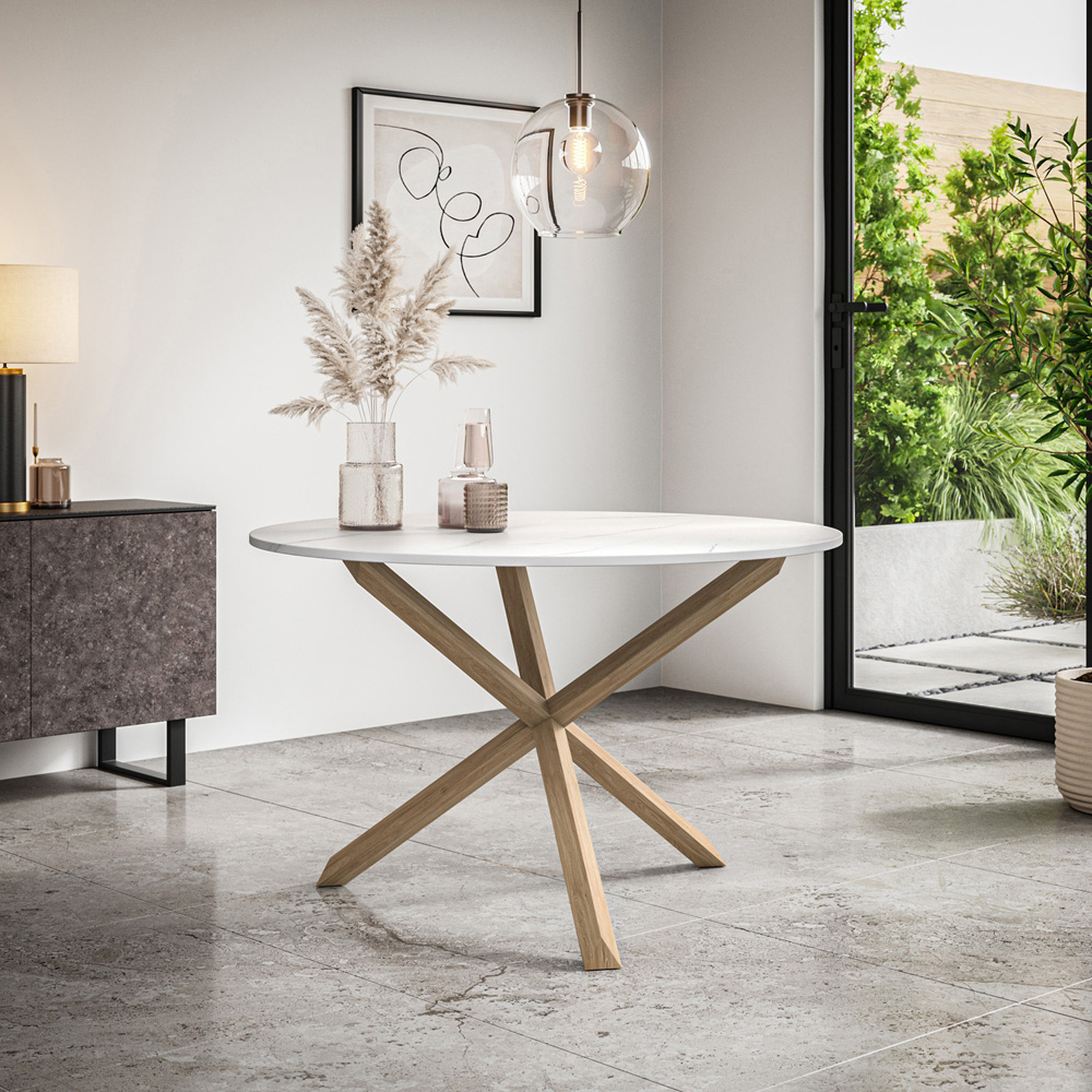 Furniture Online Malvern 6 Seater Round Dining Table White Marble Effect and Solid Oak Image 5