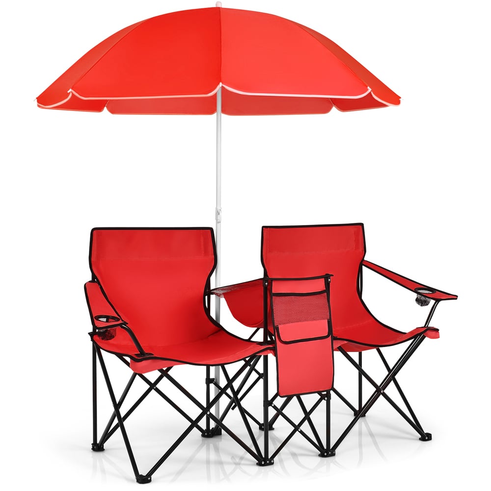 Costway Red Double Portable Camping Chair with Umbrella and Ice Bag Image 1