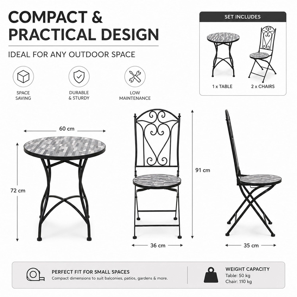 Shatchi Cascade 2 Seater Mosaic Ceramic Tile Top Foldable Bistro Set Image 9