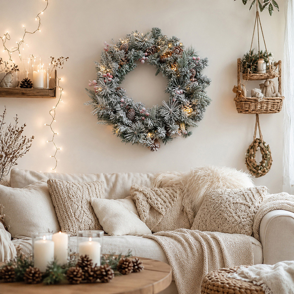 Abrihome 35 Warm White LED Snow Flocked Artificial Christmas Wreath with Tips and Pinecones 50cm Image 8