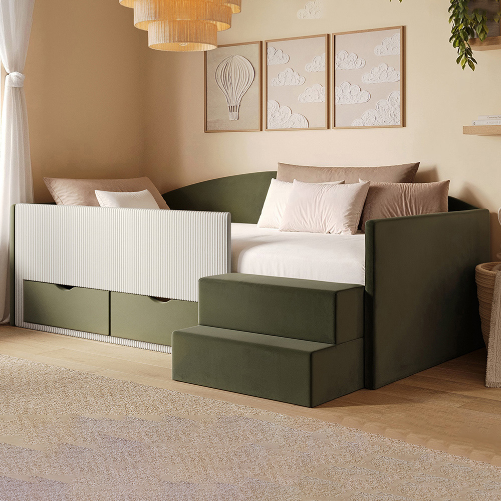 Flair Elisa Olive Green and Beige Velvet and Cord Low Sleeper Bed with Storage Image 1