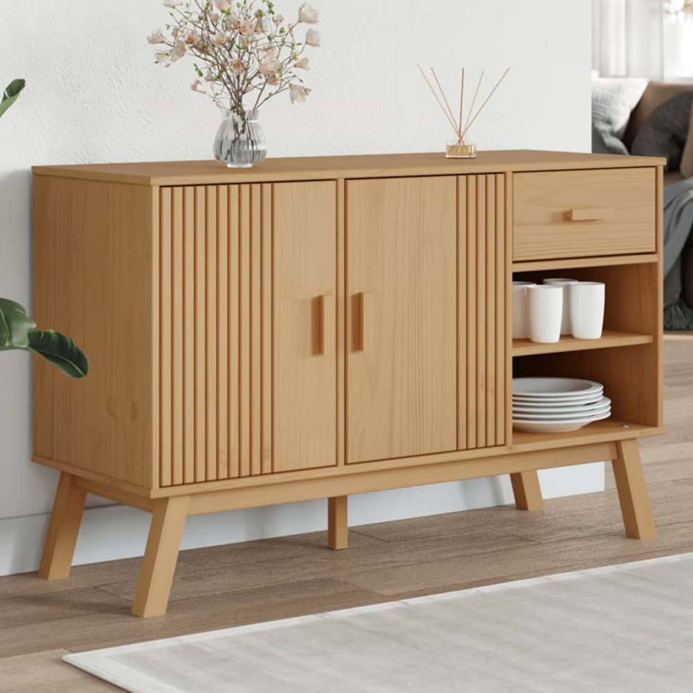 vidaXL 2 Door Single Drawer 2 Shelf Brown Pine Wood Sideboard Image 1