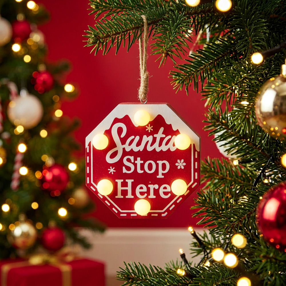 LED Santa Stop Here Hanging Decoration Image 2