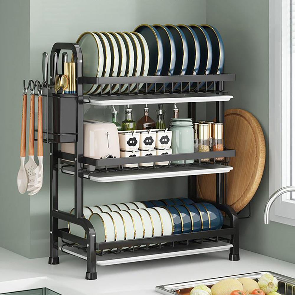 Living and Home 3 Tier Black Kitchen Dish Drying Rack with Drip Tray and Cutlery Holder Image 2