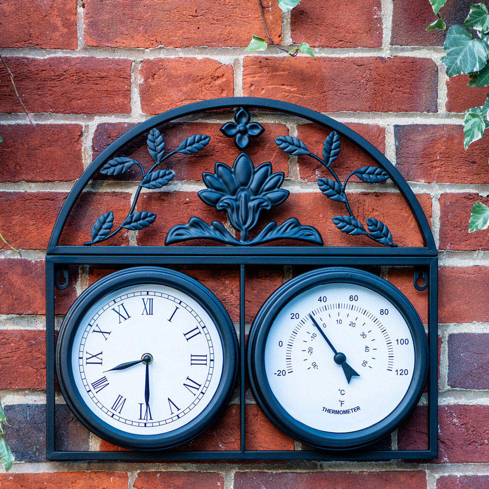 Garden Gear Wyevale Garden Black Floral Pattern Wall Clock and Thermometer Image 2