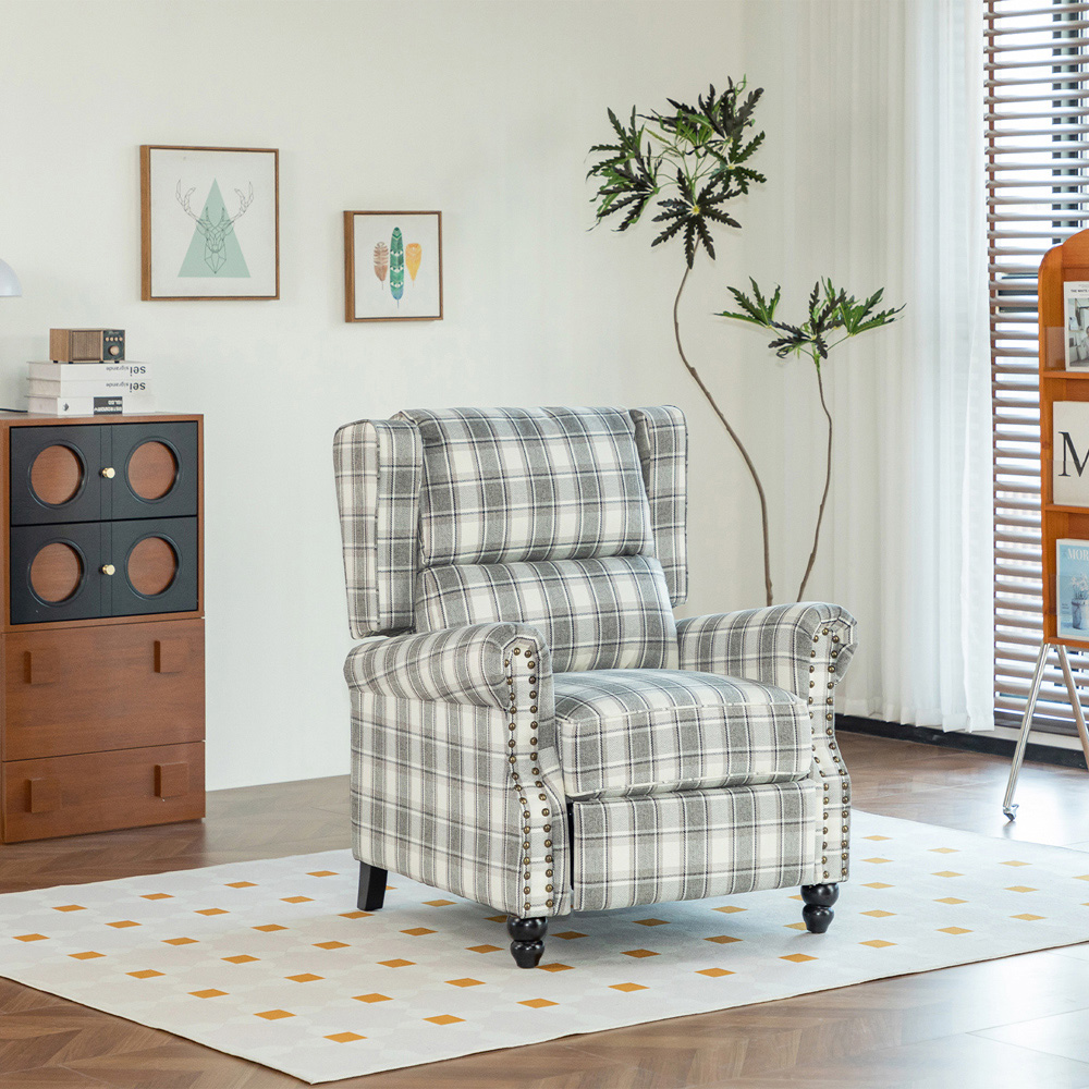 Living and Home Grey Beige Plaid Wingback Recliner Armchair with Adjustable Backrest and Footrest Image 7