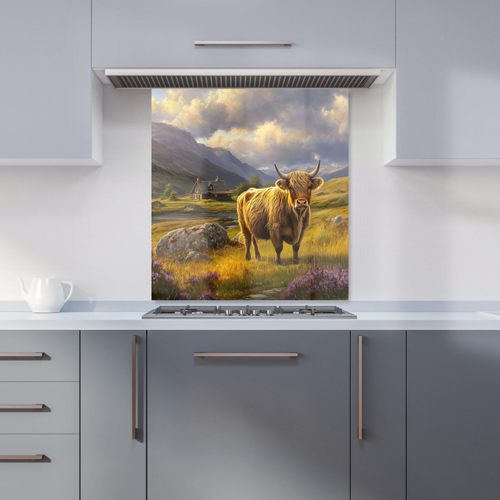 Warren Reed Designer Springtime Highland Cow Glass Kitchen Splashback 75 x 70cm Image 1