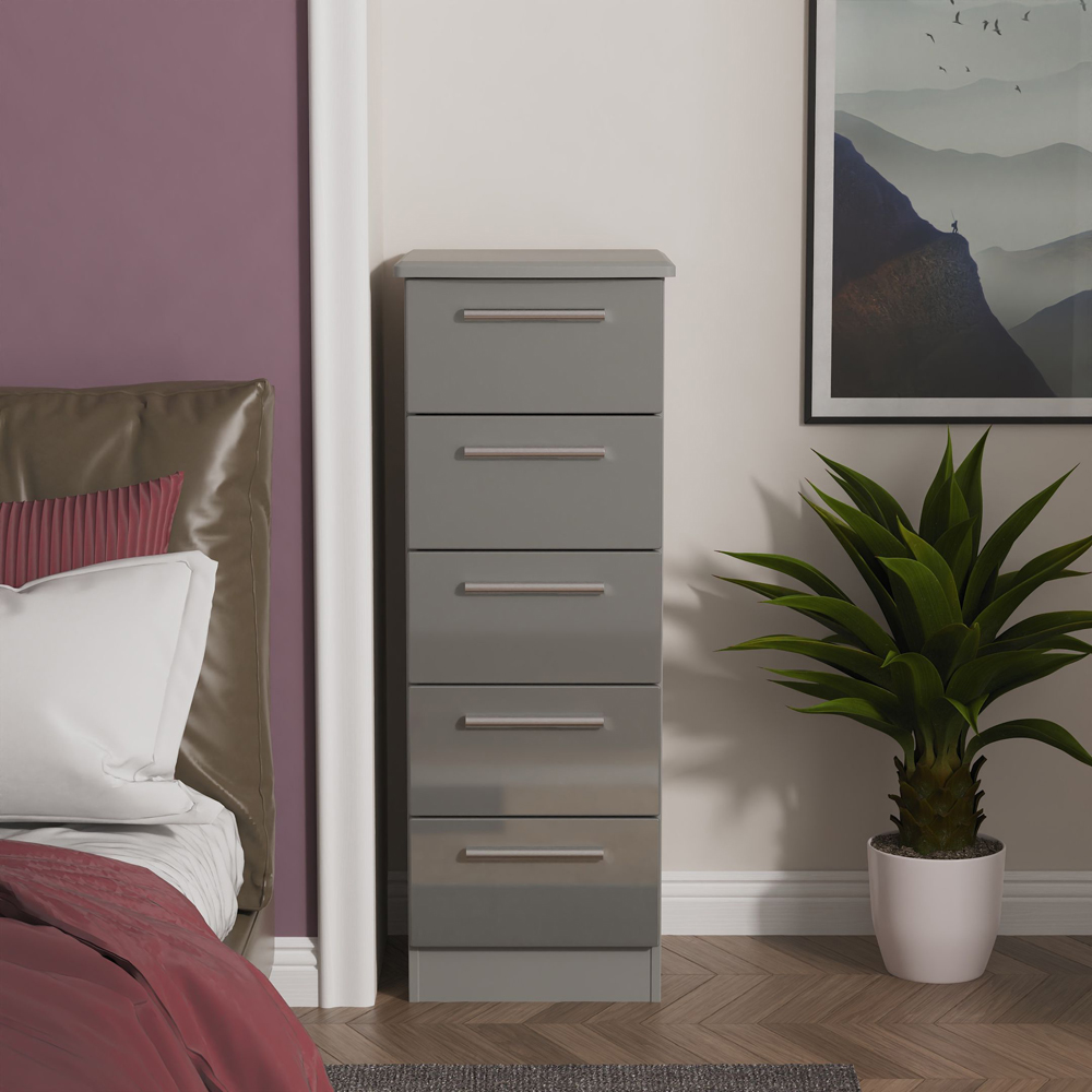 Crowndale Knightsbridge 5 Drawer Grey Gloss and Dusk Grey Tall Bedside Cabinet Ready Assembled Image 7