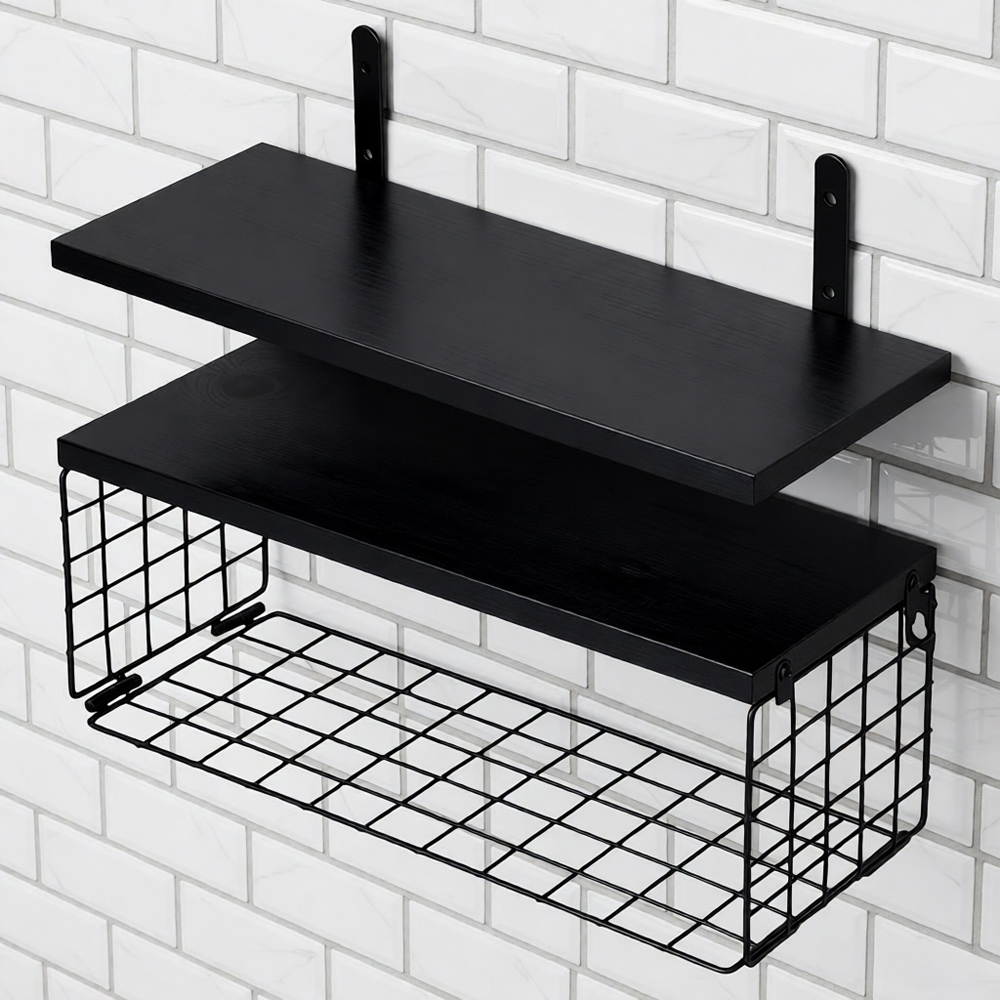 Living and Home Black 2-Tier Wall-Mounted Floating Shelf with Wire Basket Image 1