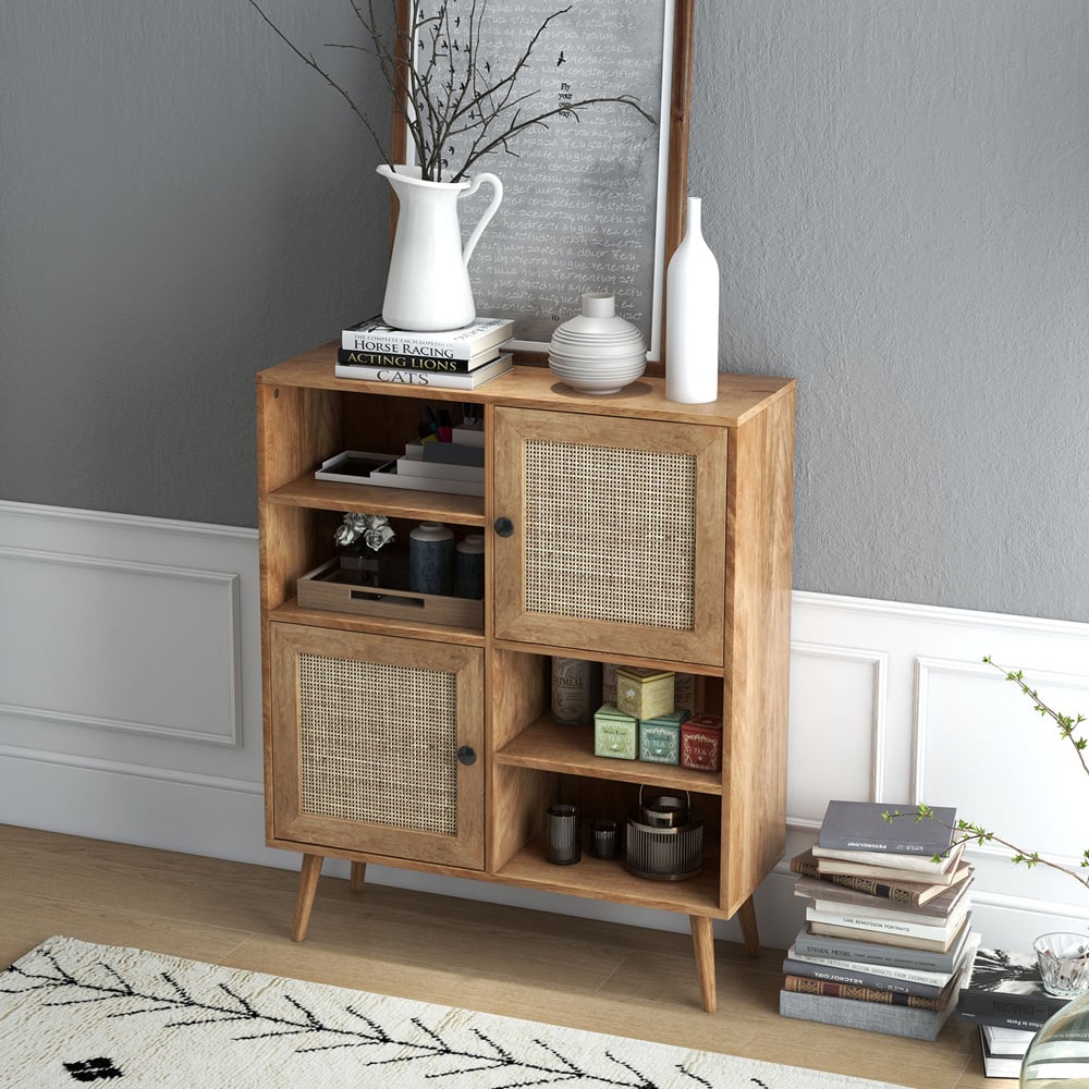 Costway 2 Door 4 Shelf Brown Rattan Cabinet Image 3