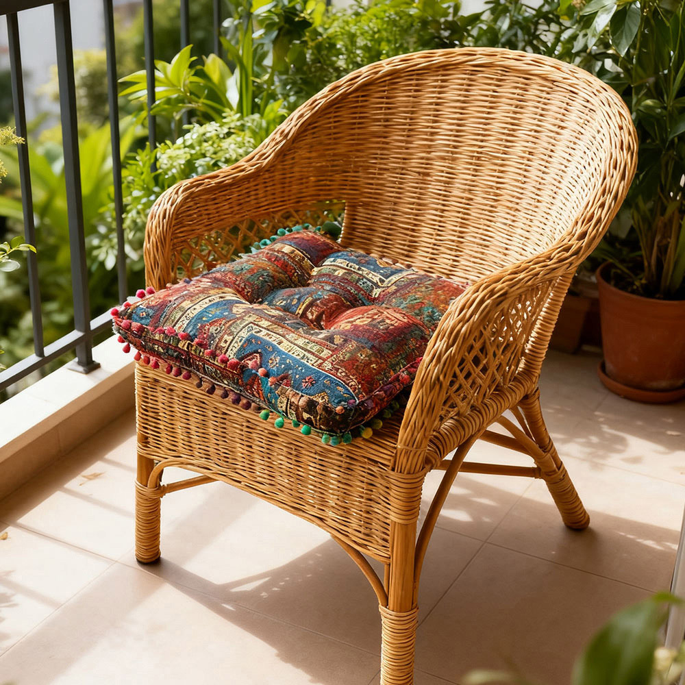 Living and Home Blue Bohemia Style Square Seat Cushion with Pom Pom Trim 40 x 40cm Image 2