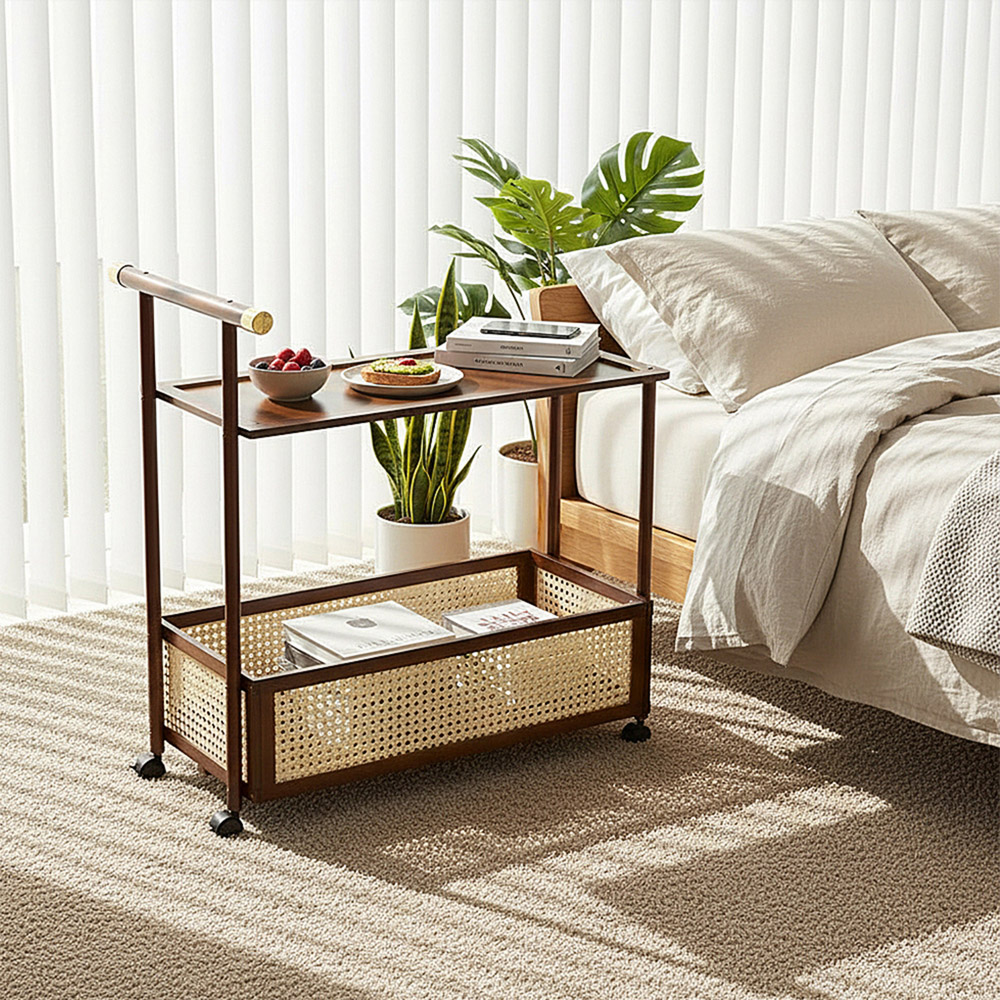 Living and Home 2-Tier Walnut Faux Rattan Side Table with Castors Image 7