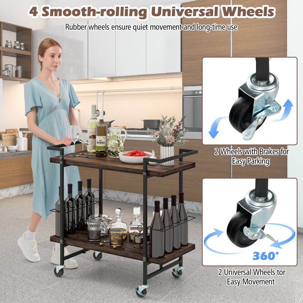 Costway 2 Shelf Rustic Brown Home Bar Cart with Lockable Wheels Image 5
