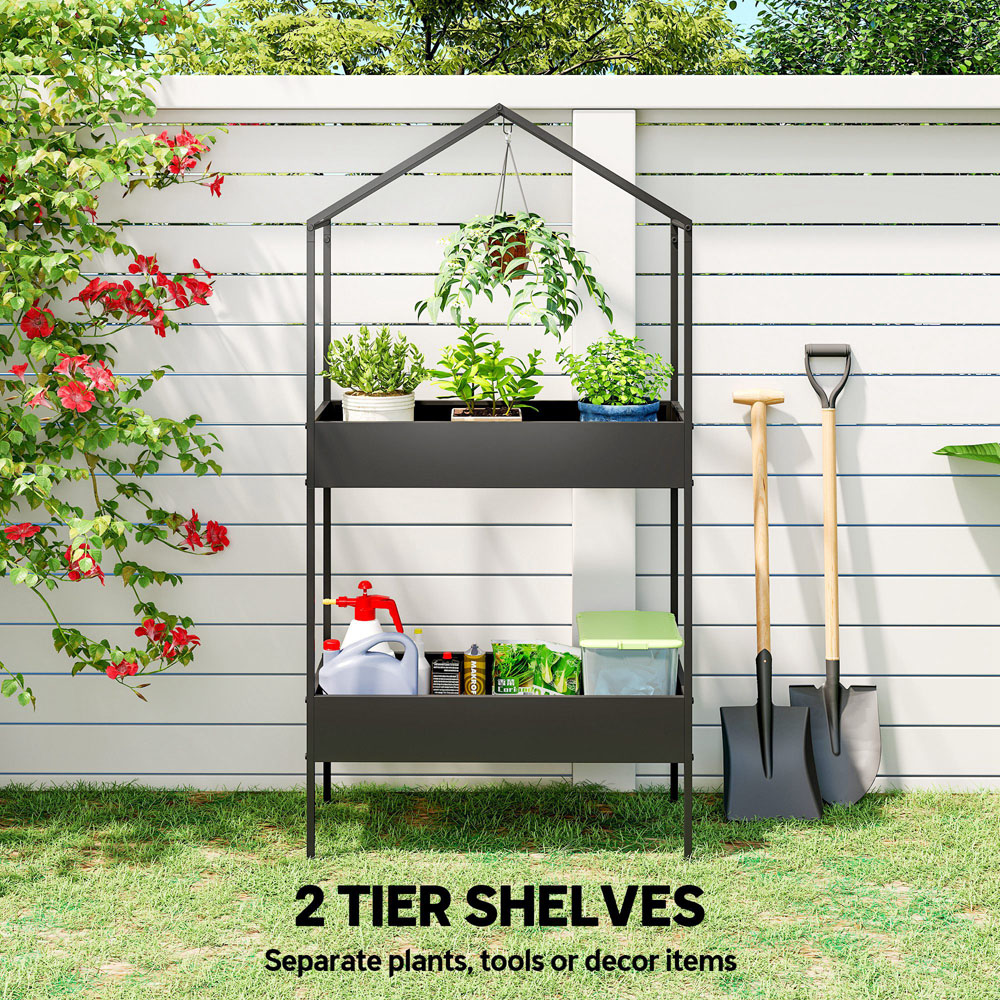 Outsunny 2 Shelf Black Metal Plant Stand with Hook Image 8