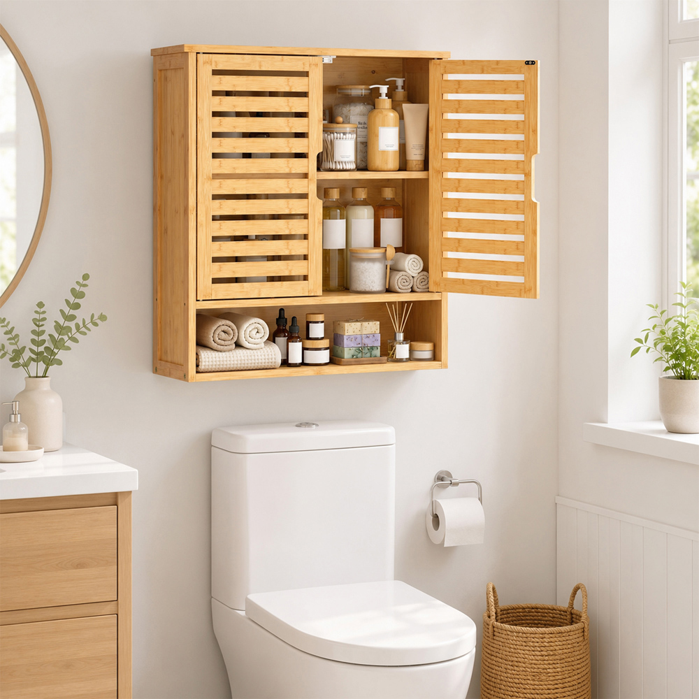 HOMCOM 2 Louvered Door Single Shelf Oak Wall-Mounted Bathroom Cabinet Image 2
