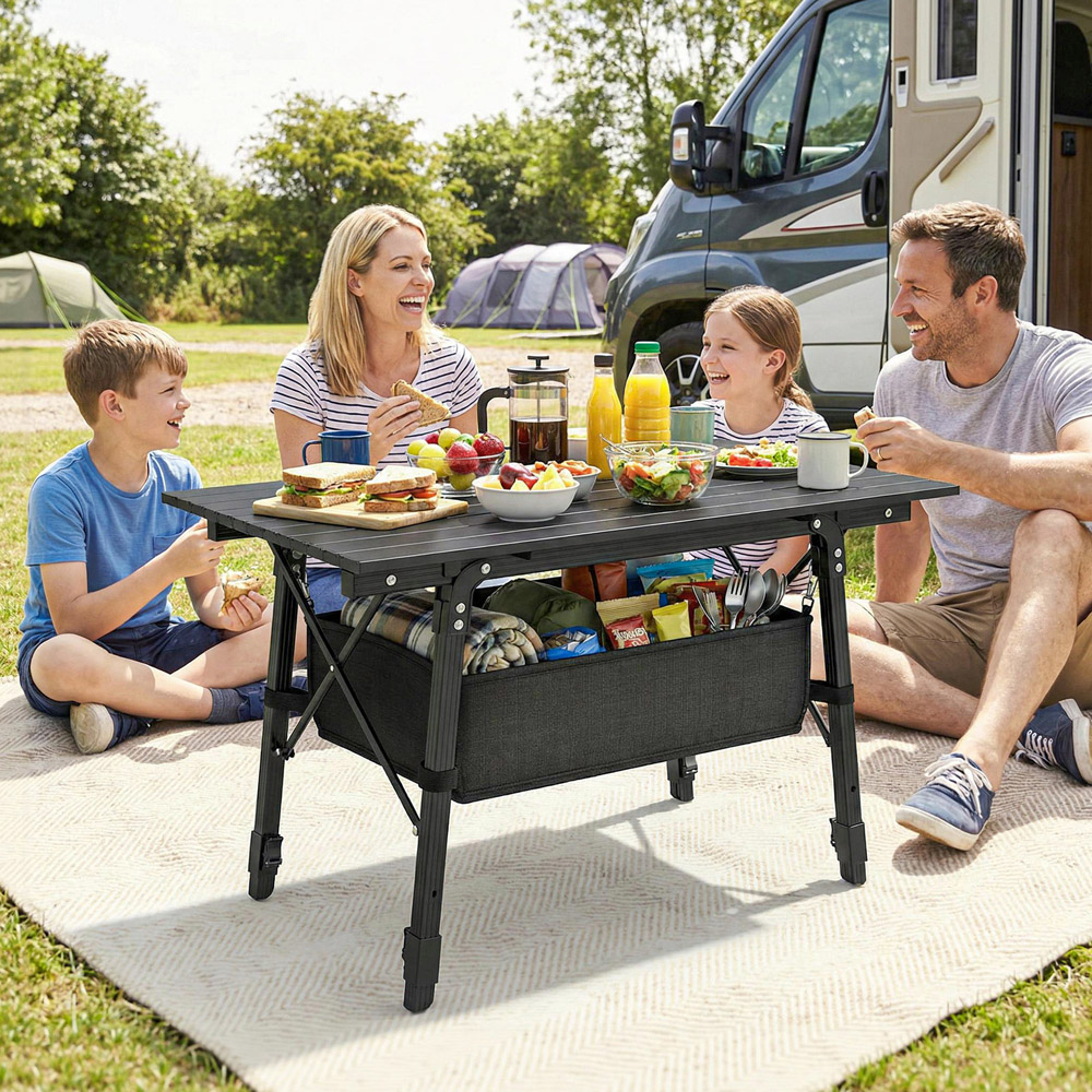 Outsunny 3ft Black Height Adjustable Foldable Camping Table with Storage Basket Image 2