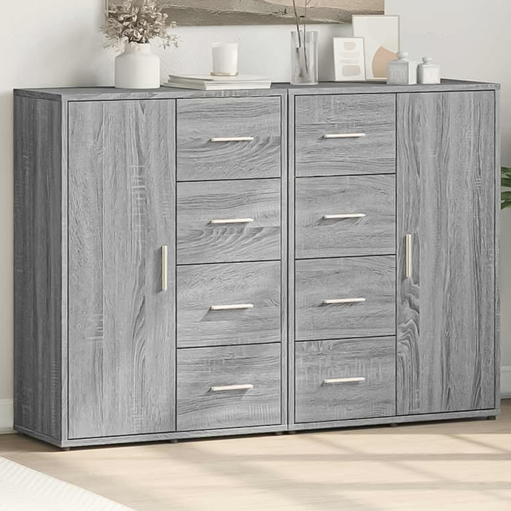 vidaXL Single Door 4 Drawer Grey Sonoma Wooden Sideboard Set of 2 Image 1