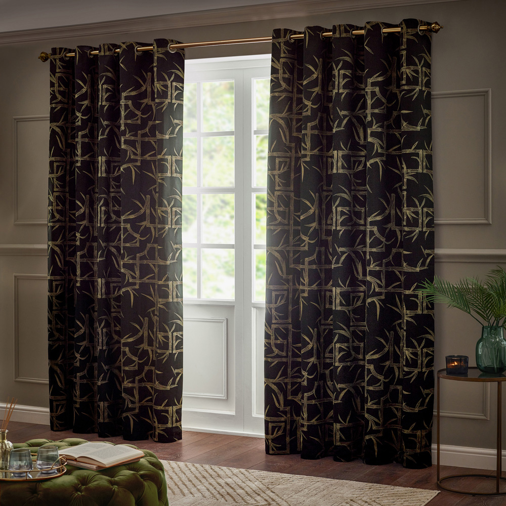 Paoletti Bamboo Black Fully Lined Jacquard Eyelet Curtains 229 x 229cm Image 1