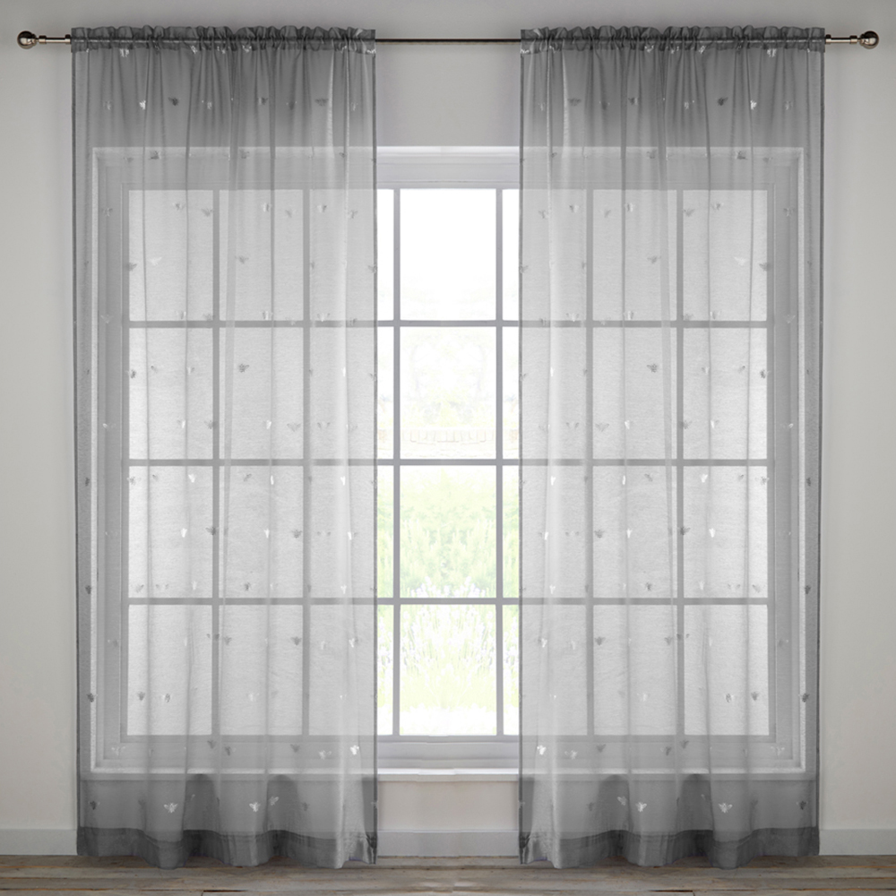 Tyrone Textiles Bee Grey Metallic Pocket Header Voile Panel Curtains 140 x 229cm Image 1