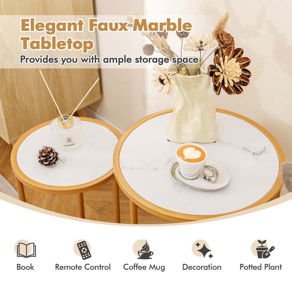 Costway White Faux Marble Tabletop Round Nest of 2 Tables Image 4