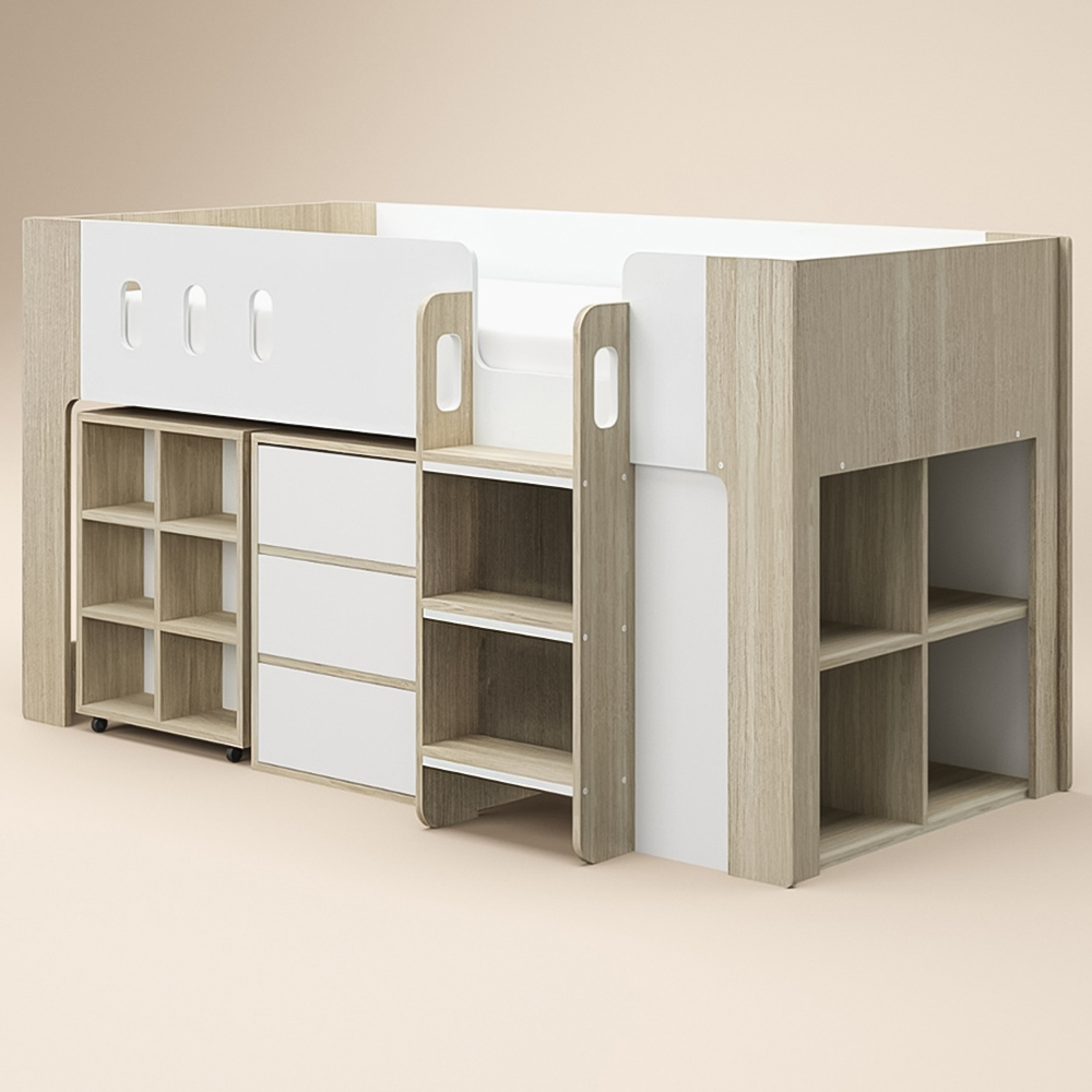 Flair Willow White and Oak Mid Sleeper Bed with Desk and Storage Image 2