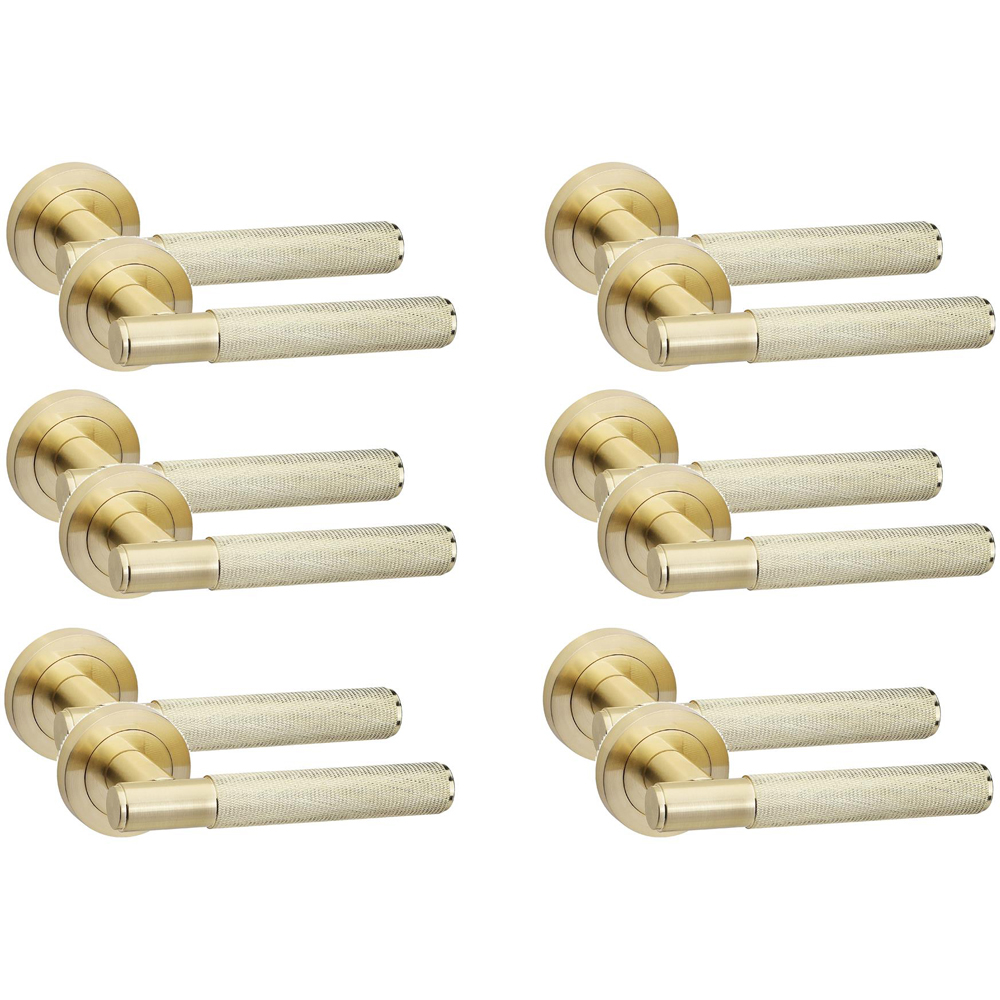 Golden Grace Knurled T-Bar Satin Brass Door Handles Set 6 Pack Image 1