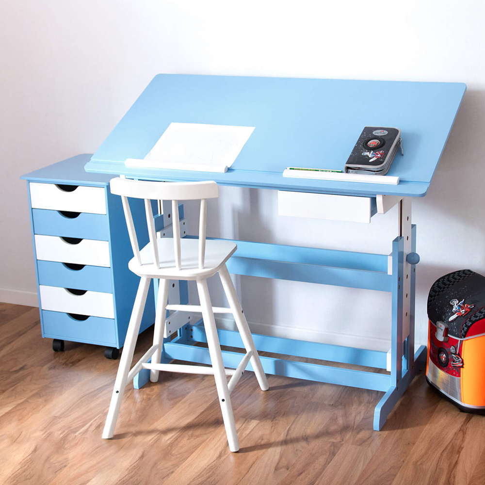 tectake 6 Drawer Blue Height Adjustable Kids Desk Image 1